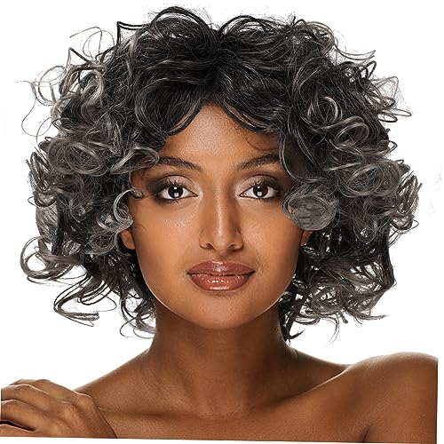 WRITWAA Afro Perücke Schwarze Spiralperücke Kurzem Krausem Haar Lockige Perücken Schwarzgraue Cosplay Haarteil von WRITWAA