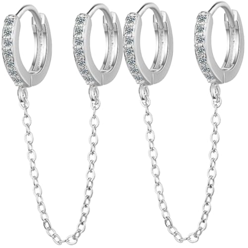 WRITWAA Lange Creolen Ohrringe mit Doppel Piercing Kette Zirkonia Schmuck Kupfer Damen Ohrhänger Hautfreundlich Glatte Kanten Vielseitig Kombinierbar Silberfarben von WRITWAA