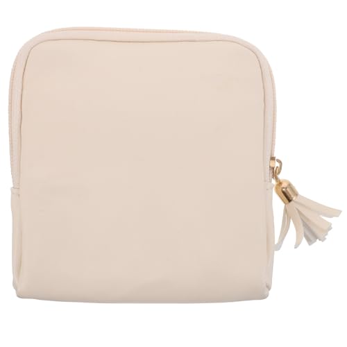 WRITWAA Mini-Schmuck-Reiseetui: Make-up-Schmuck-Organizer-Tasche – Kleine Kosmetiktasche – Kleingeldbörse für Mädchen mit Quaste und Reißverschluss, Beige von WRITWAA