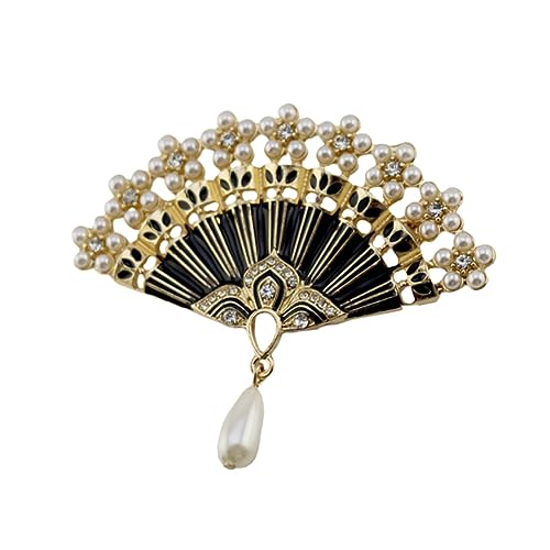 WRITWAA Retro Brosche Anstecknadel Klassische Chinesische Fächer-brosche Mit Strass Und Perlen Vintage Kleidungsaccessoire Für Damen Und Mädchen Schwarz von WRITWAA
