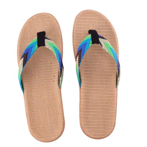 WRITWAA Rutschfeste Flip Flops aus Leinengewebe Haushaltsgeeignet Freizeit Strandsandalen Flache Sohle Blau Grün Angenehm Langlebig Einfach Anzuziehen für Alltag und Strand von WRITWAA