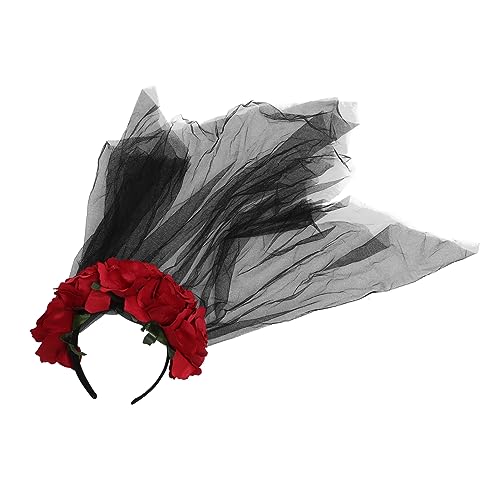 WRITWAA Schleierkopf Hoop Festival-accessoires Karneval Gothic Blumenschleier Hochzeit Blumenschleier Hexe Gruselig Voile Farbe Halloween Muster Gotisch Dame Rosen Junggesellin Rot von WRITWAA