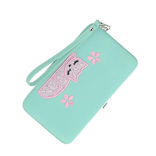 WRITWAA Aquamarinfarbene Geldbörse für Damen und Herren mit Katzenstickmuster Lange Geldbörse Dreifach Gefaltet Mehrere Kartenfächer Design für Alltag von WRITWAA
