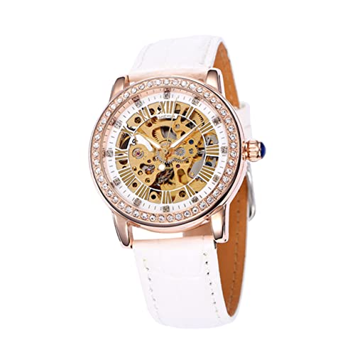 WRITWAA Automatische Mechanische Damenuhr Mit Pu-Band Weiß Elegantes Design Mit Strasssteinen Präzise Zeitmessung Geeignet Für Täglichen Gebrauch von WRITWAA