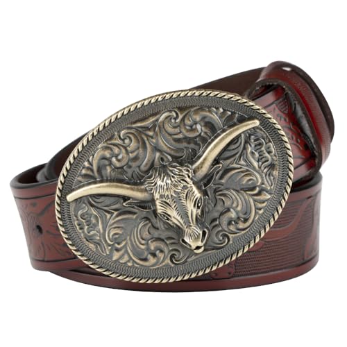 WRJAHCG Ceinture en Denim Western en Cuir PU pour Hommes et Femmes - Ceinture en Denim en Denim à Boucle à Motif Longhorn gravé Floral,Reddish brown,100CM/39IN von WRJAHCG