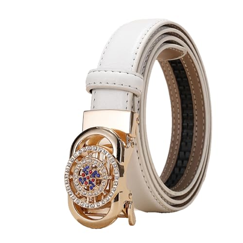 WRJAHCG Damen-Gürtel Ratsche Modischer, Taillengürtel Damen Schmal 24mm, Weiß Lässig Verstellbarer Ledergürtel mit Automatischer Schnalle Legierung mit Hohlem Muster,Weiß,100CM/39.4'' von WRJAHCG