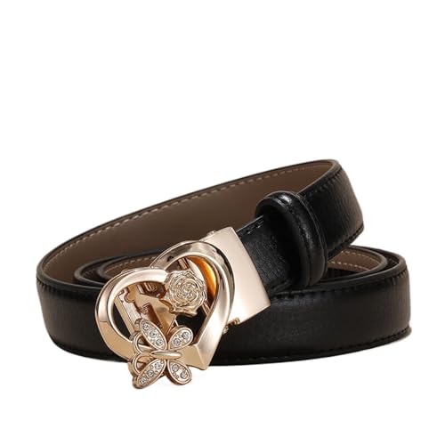 WRJAHCG Damen Gürtel Rot Ratsche, Ledergürtel Damen Schmal 24mm, Weiß Modischer Verstellbarer Gürtel mit Automatischer Schnalle Legierung mit Hohlem Muster,Schwarz,115CM/45.3'' von WRJAHCG