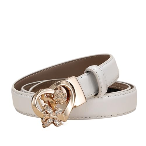 WRJAHCG Damen Gürtel Rot Ratsche, Ledergürtel Damen Schmal 24mm, Weiß Modischer Verstellbarer Gürtel mit Automatischer Schnalle Legierung mit Hohlem Muster,Weiß,120CM/47.3'' von WRJAHCG