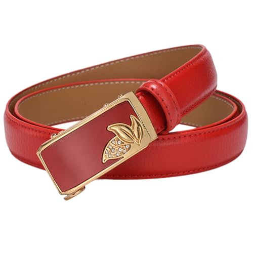 WRJAHCG Damengürtel Ratsche, Gürtel Damen Leder Modischer Cowboy, Verstellbarer Rindsledergürtel mit dekorativer automatischer Schnalle aus Legierung mit Blattmuster,A red,120CM/47.3'' von WRJAHCG