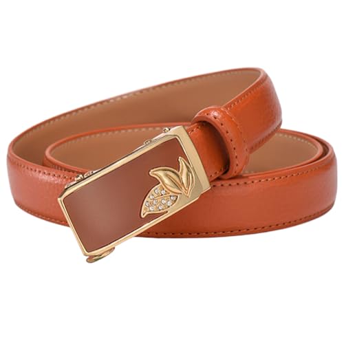 WRJAHCG Damengürtel Ratsche, Gürtel Damen Leder Modischer Cowboy, Verstellbarer Rindsledergürtel mit dekorativer automatischer Schnalle aus Legierung mit Blattmuster,Orange,120CM/47.3'' von WRJAHCG