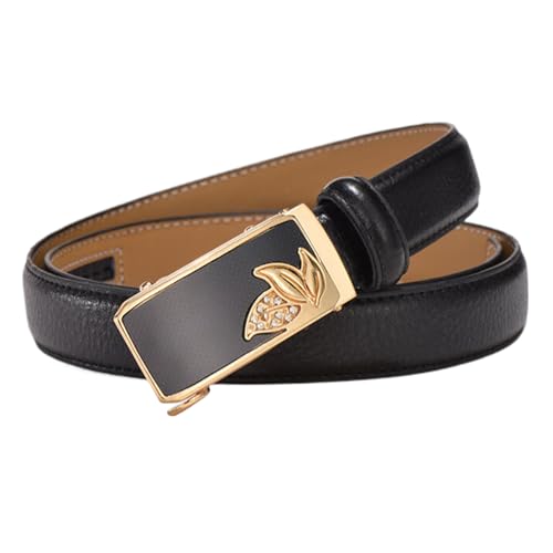 WRJAHCG Damengürtel Ratsche, Gürtel Damen Leder Modischer Cowboy, Verstellbarer Rindsledergürtel mit dekorativer automatischer Schnalle aus Legierung mit Blattmuster,Schwarz,120CM/47.3'' von WRJAHCG