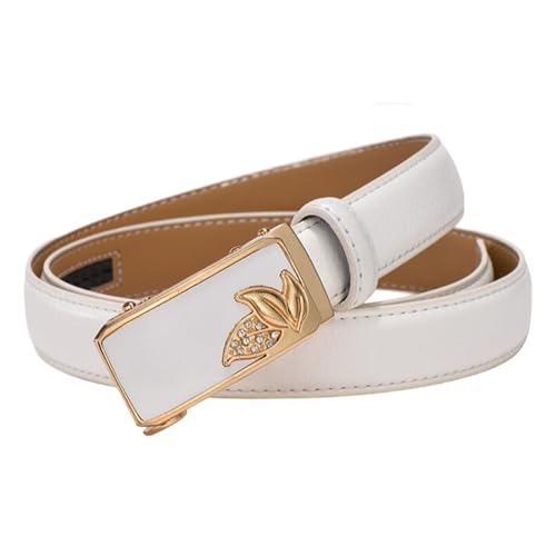 WRJAHCG Damengürtel Ratsche, Gürtel Damen Leder Modischer Cowboy, Verstellbarer Rindsledergürtel mit dekorativer automatischer Schnalle aus Legierung mit Blattmuster,Weiß,100CM/39.4'' von WRJAHCG