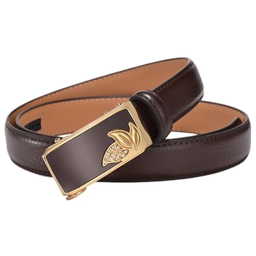 WRJAHCG Gürtel Damen Leder Ratsche Mode, Taillengürtel Damen Schmal Verstellbarer, Rindsledergürtel mit Dekorativer Automatischer Schnalle Legierung Blattmuster,Braun,110CM/43.3'' von WRJAHCG