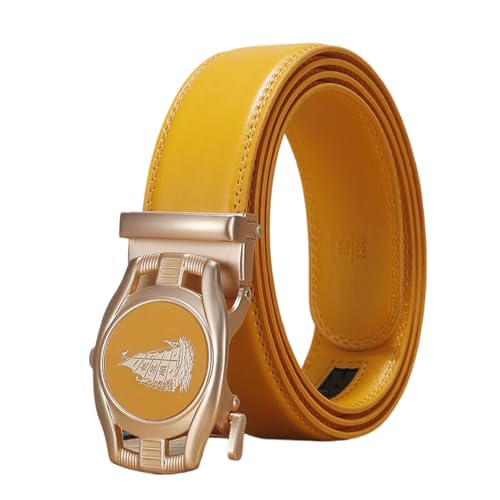 WRJAHCG Herren Gürtel, Ledergürtel Herren Ratsche Mode cowboy, Verstellbarer Gürtel aus Echtem Leder mit Dekorativer Automatikschnalle aus Legierung mit Bootsmuster,Gelb,110CM/43.3'' von WRJAHCG