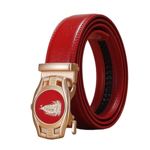 WRJAHCG Herren Gürtel, Ledergürtel Herren Ratsche Mode cowboy, Verstellbarer Gürtel aus Echtem Leder mit Dekorativer Automatikschnalle aus Legierung mit Bootsmuster,Rot,120CM/47.3'' von WRJAHCG