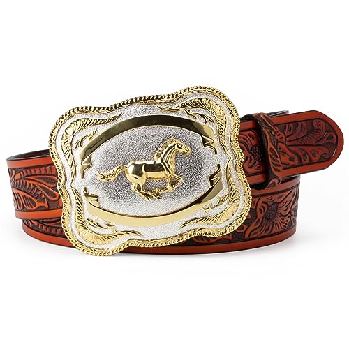WRJAHCG Herren-Gürtel Goldenes Pferd, Western Cowboy Gürtel Herren Pferdeserie, 3D Running Horse Pattern Buckle Retro Embossed Engraving Belt,Orange,120CM/47.3'' von WRJAHCG
