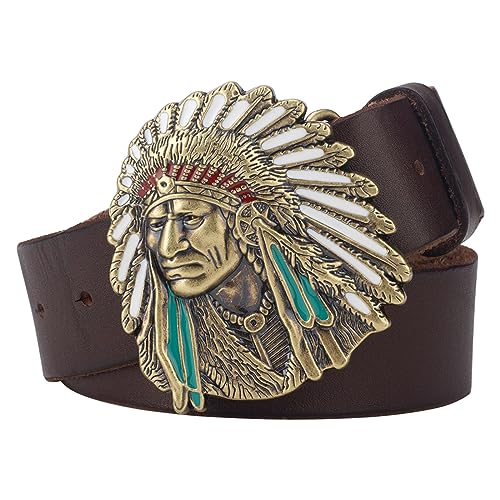 WRJAHCG Herren GürtelHerren-Gürtelherren Gürtel, Gürtel Herren Western Cowboy, Cowboy-Ledergürtel mit 3D-Indianer-Kopfmuster Schnalle Vintage-Prägung,Braun,120CM/47.3'' von WRJAHCG