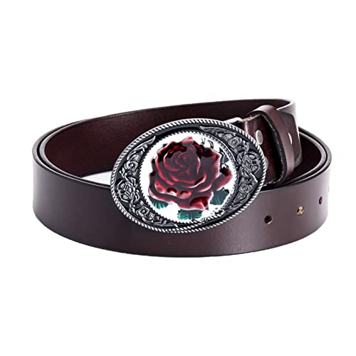 WRJAHCG Western-Denim-Gürtel, rosa Blumenschnalle Ledergürtel Jeans-Ritter-Metallschnallen-Gürtel,B brown,110CM/43.3'' von WRJAHCG