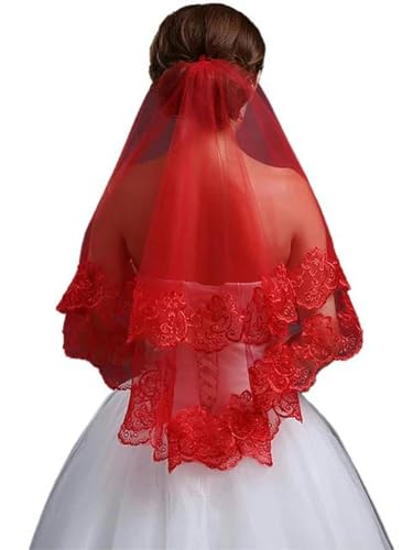 Klassischer roter Brauthochzeits-einfacher langer Spitzenschleier-Kopfschmuck für Frauen-Rot von WRJLIN