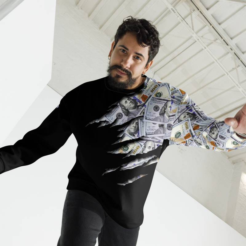 100 Us Dollar Bill Sweater-Unisex-Pullover. Dollar-Print von WRLuxuryGermany