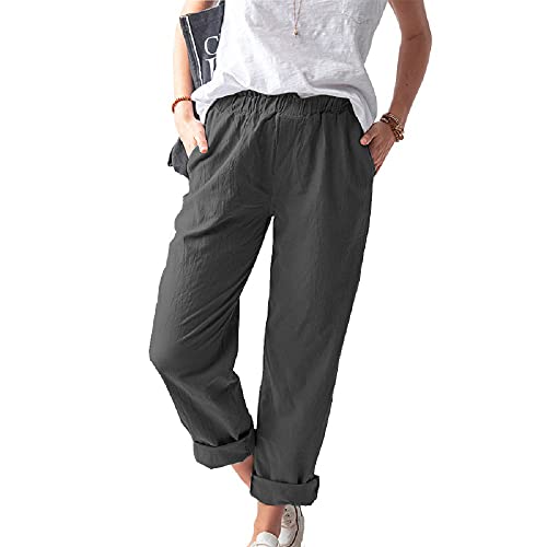 Damen Straight Pants Elastische Taille Freizeithose Hose mit Taschen - Grau - X-Groß von WROLEM