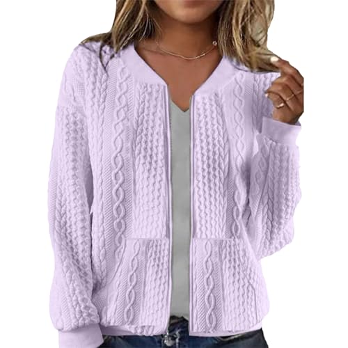 Damen-Strickjacke mit durchgehendem Reißverschluss, lässig, einfarbig, langärmelig, Sweatshirt, Mantel mit Tasche, 36-hellviolett, XX-Large Damen-Strickjacke mit durchgehendem Reißverschluss, lässig, einfarbig, langärmelig, Sweatshirt, Mantel mit Tasche, 36-hellviolett, XX-Large von WROLEM