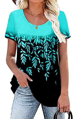 Damen Sommer Kurzarm Tunika Plus Size Damen Shirts Blumen Bluse Loose Flowy Tops für Leggings M-4XL, Eine 12-blaue Blätter, XXX-Large von WRRH