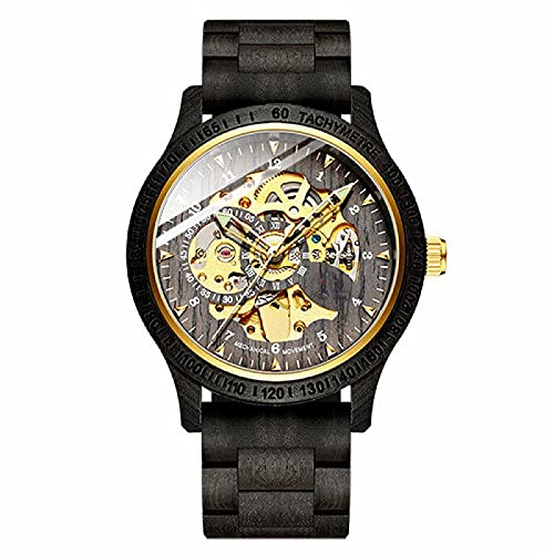 Wooden Men's Automatic Mechanical Watch Wooden Strap Hollow Transparent Men's Hand Watch Valentine's Day Christmas Birthday Gift Black von WRVCSS