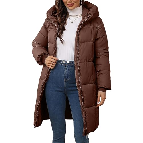 Winterjacke Damen, Daunenjacke Damen Lang Warm Wintermantel mit Kapuze Puffer Jacke Skijacke Langarm Einfarbige Steppjacke Casual Leichte Outdoor Jacken mit Reißverschluss Winter Steppmantel von WRXDWM