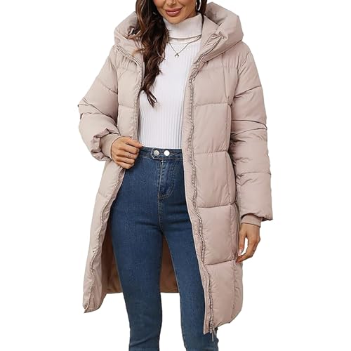 Winterjacke Damen, Daunenjacke Damen Lang Warm Wintermantel mit Kapuze Puffer Jacke Skijacke Langarm Einfarbige Steppjacke Casual Leichte Outdoor Jacken mit Reißverschluss Winter Steppmantel von WRXDWM