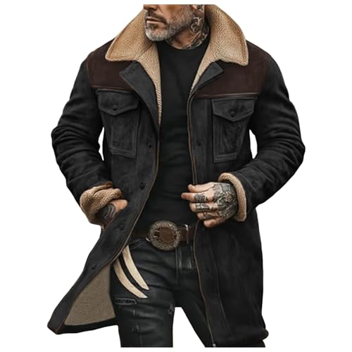 Winterjacke Herren Wildlederjacke Warm Gefüttert Wintermantel Vintage Lederjacke Herren Winter Jeansjacke mit Taschen Reißverschluss Outdoor Ledermantel Kunstlederjacke Lockerer Winterparka von WRXDWM