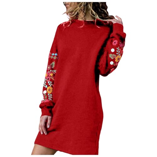 Winterkleid Damen, Damen Kleider Langarm Rundhals Minikleid Elegant Knielang Kleid Blumen Drucken Pulloverkleid Casual Kleid Strickkleid Winter Teenager Mädchen Freizeitkleid Winterkleider von WRXDWM