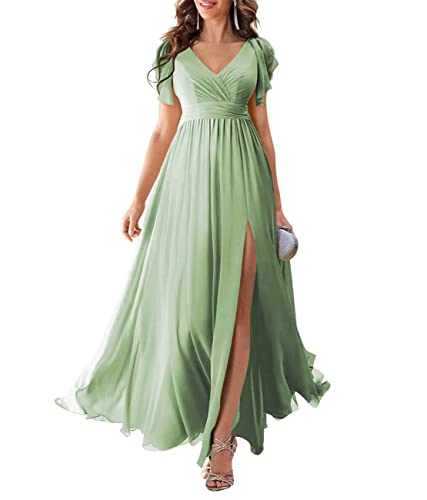 Brautjungfernkleid mit V-Ausschnitt, Chiffon, Seitenschlitz, Rüschenärmel, formelles Abendkleid für Damen, graugrün, 44 von WSEYU