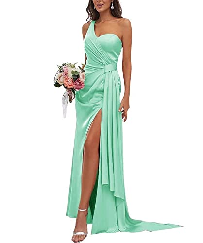 Brautjungfernkleider, einschultrig, Satin, lang, hochgeteilt, Meerjungfrauen-Abendkleid, Partykleider für Damen, himmelblau, 38 von WSEYU