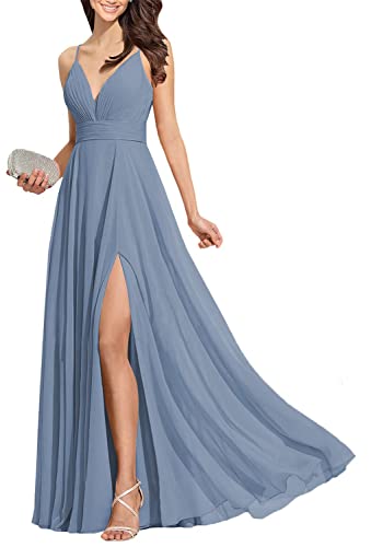 Brautjungfernkleider aus Chiffon mit Spaghettiträgern, formelles Abendkleid mit Schlitz für Damen, slate blue, 52 von WSEYU