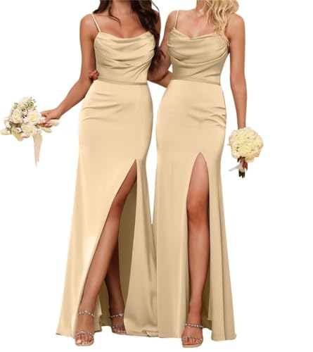 Brautjungfernkleider für Damen, gerüscht, Seide, Satin, Spaghettiträger, Ballkleider mit Schlitz, Etui, formelles Abendkleid, champagnerfarben, 32 von WSEYU