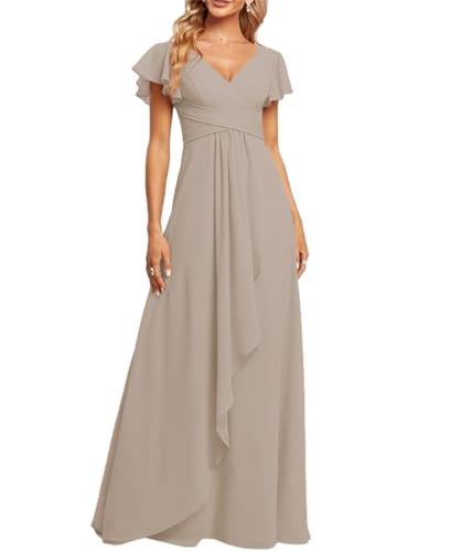 WSEYU Brautjungfernkleider mit V-Ausschnitt, lang, kurze Ärmel, formelles Partykleid mit Taschen, taupe, 44 von WSEYU