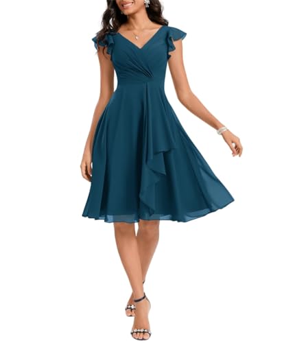 Brautjungfernkleider mit V-Ausschnitt Rüschen Knielang Hochzeitsgast Kleider für Damen Garten Strand Abend Party, Blau (Ink Blue), 34 von WSEYU