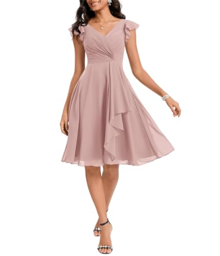 Brautjungfernkleider mit V-Ausschnitt Rüschen Knielang Hochzeitsgast Kleider für Damen Garten Strand Abend Party, Dusty Rose, 32 von WSEYU