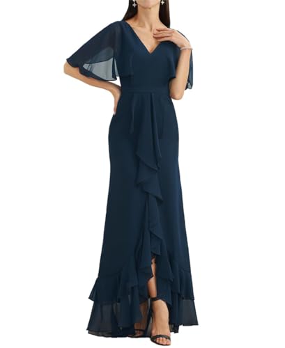 Brautjungfernkleider mit asymmetrischer Rüschen Bodenlänge A-Linie Chiffon Hochzeitsgast Kleider für Damen Abendparty, dunkles marineblau, 48 von WSEYU