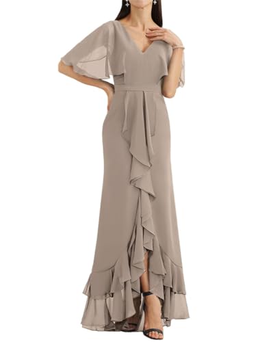 Brautjungfernkleider mit asymmetrischer Rüschen Bodenlänge A-Linie Chiffon Hochzeitsgast Kleider für Damen Abendparty, taupe, 44 von WSEYU