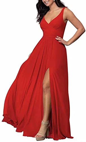 Chiffon Brautjungfernkleider mit Taschen Lange A Linie Übergröße Trauzeugin Kleider mit Schlitz für Frauen, rot, 44 von WSEYU