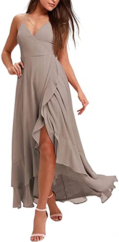 Chiffon High Low Brautjungfernkleider Spaghettiträger Rüschen Formal Abendkleid für Damen, taupe, 36 von WSEYU