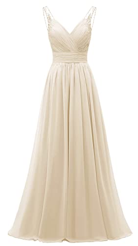 Chiffon-Tüll-Perlen-Träger, Brautjungfernkleid, schulterfrei, V-Ausschnitt, plissiert, formelles Abendkleid für Damen, champagnerfarben, 36 von WSEYU