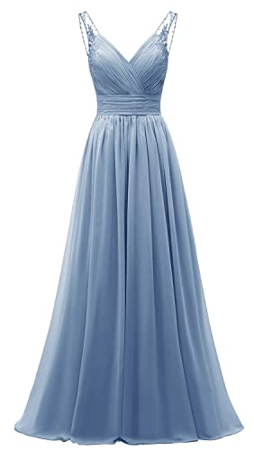 Chiffon-Tüll-Perlen-Träger, Brautjungfernkleid, schulterfrei, V-Ausschnitt, plissiert, formelles Abendkleid für Damen, dusty blue, 40 von WSEYU