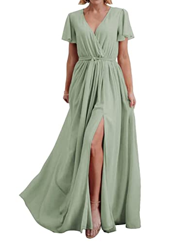 Chiffon-Wickelkleid für Brautjungfern, A-Linie, seitlich geteilt, Trauzeugin, mit Gürtel, salbeigrün, 34 von WSEYU