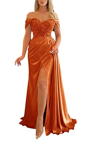 Cold Shoulder Lange Brautjungfernkleider Seitenschlitz Perlen Hochzeit Party Kleider für Frauen, Orange, 40 von WSEYU