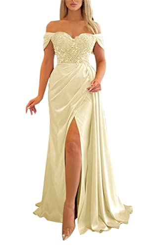 Cold Shoulder Lange Brautjungfernkleider Seitenschlitz Perlen Hochzeit Party Kleider für Frauen, champagnerfarben, 44 von WSEYU