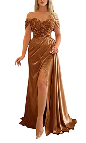 Cold Shoulder Lange Brautjungfernkleider Seitenschlitz Perlen Hochzeit Party Kleider für Frauen, rust, 48 von WSEYU