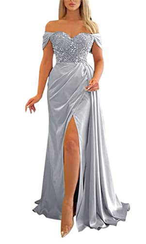 Cold Shoulder Lange Brautjungfernkleider Seitenschlitz Perlen Hochzeit Party Kleider für Frauen, silber, 50 Cold Shoulder Lange Brautjungfernkleider Seitenschlitz Perlen Hochzeit Party Kleider für Frauen, silber, 50 von WSEYU